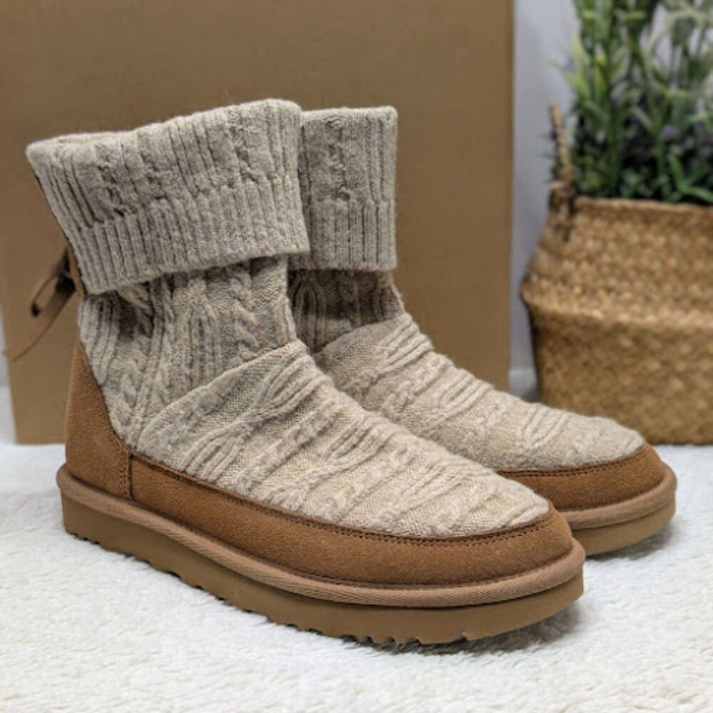 UGG Natural Chestnut Classic Mini Cabelle Knit Suede Leather Boots Women's 8 NIB - Picture 3 of 14